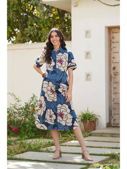 Jisora - Womens Blue Printed Cotton Midi Dress
