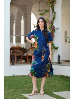 Jisora - Womens Blue Floral Print Cotton Midi Dress