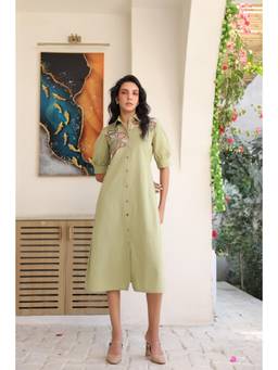 Jisora - Womens Green Embroidered Cotton Flex Midi Dress