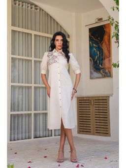 Jisora - Womens Beige Embroidered Cotton Flex midi Dress