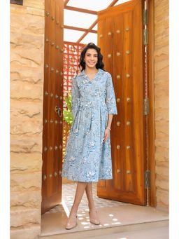 Jisora - Womens Blue Floral Print Cotton Flex Midi Dress