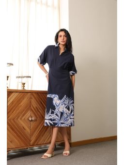 Jisora - Womens Navy Blue Printed Cotton Midi Dress