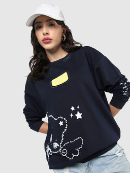 Bewakoof - Womens Navy Blue Lit Graphic Printed Oversized Sweatshirt