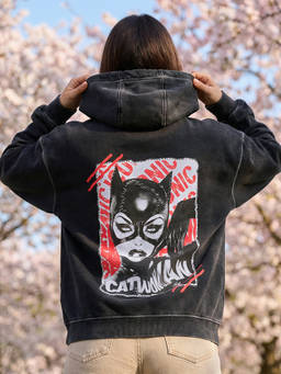 Bewakoof - Dc Womens Black Cat Woman Meow Graphic Printed Oversized Acid Wash Hoodies