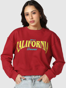 Bewakoof - Womens Red Dreaming Typography Oversized Crop Sweatshirt