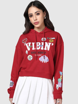 Bewakoof - Womens Red Vibin Graphic Printed Oversized Crop Hoodies