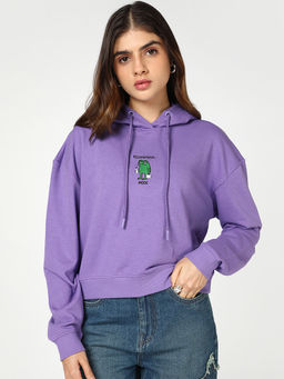Bewakoof - Womens Purple Cancel Mondays Graphic Printed Oversized Crop Hoodies