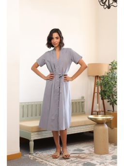 Jisora - Womens Solid Grey Cotton Midi Dress With Belt
