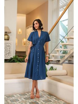 Jisora - Womens Solid Blue Cotton Midi Dress With Belt