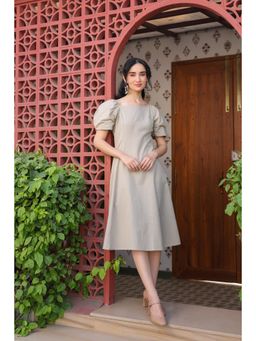 Jisora - Womens Solid Beige Cotton Flex Midi Dress