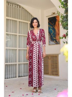 Jisora - Womens Maroon Printed Cotton maxi Dress