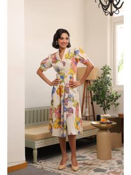 Jisora - Womens Off-White Floral Print Cotton Flex maxi Dress