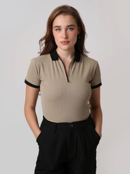BLNK - Beige Textured Zip Polo T-Shirt