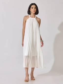 SHOWOFFFF - Edition Womens White Pleated Sleeveless A-Line Midi Dress
