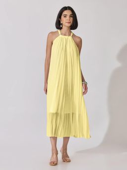 SHOWOFFFF - Womens Yellow Pleated Sleeveless A-Line Midi Dress