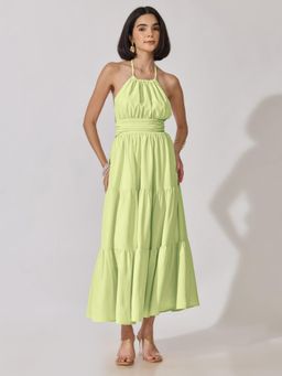 SHOWOFFFF - Womens Green Halter Neck Tiered Flared Maxi Dress