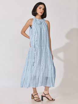 SHOWOFFFF - Womens Printed Blue Sleeveless Maxi Dress With Floral Applique