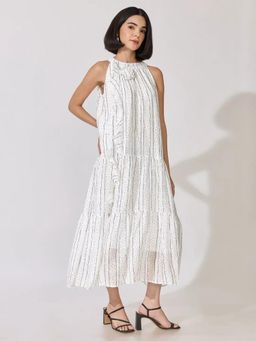 SHOWOFFFF - Edition Womens Striped Printed White Sleeveless Maxi Dress