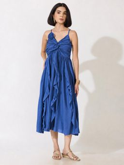 SHOWOFFFF - Womens Navy Blue Strappy Midi Dress With Floral Applique