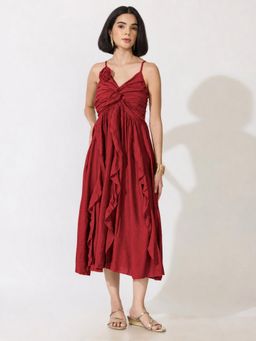 SHOWOFFFF - Womens Red Strappy Midi Dress With Floral Applique