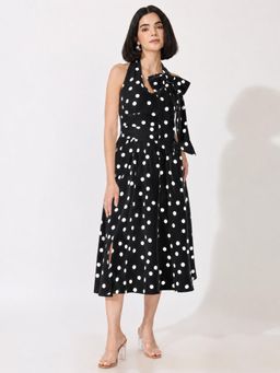 SHOWOFFFF - Womens Polka Dot Black Halter Neck Bow Detail Fit And Flare Midi Dress