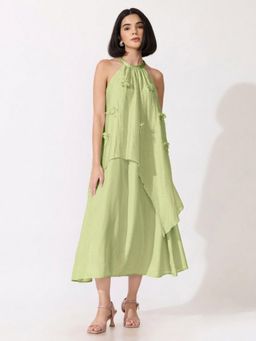 SHOWOFFFF - Womens Green Halter Neck Maxi Dress With Floral Applique