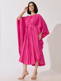 SHOWOFFFF - Edition Womens Pleated Pink Midi Kaftan Dress With Belt