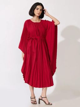SHOWOFFFF - Edition Womens Pleated Red Midi Kaftan Dress With Belt