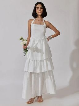 SHOWOFFFF - Edition Womens White Tiered Maxi Dress With Tie-Up Neck Detail