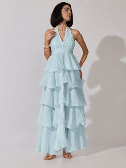 SHOWOFFFF - Womens Blue Tie-Up Neck Maxi Dress With Ruffle Detail