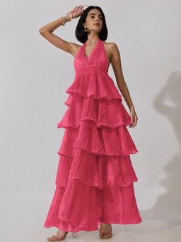 SHOWOFFFF - Womens Pink Tie-Up Neck Maxi Dress With Ruffle Detail