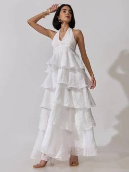 SHOWOFFFF - Edition Womens White Tie-Up Neck Maxi Dress With Ruffle Detail