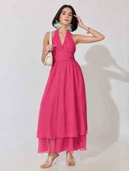 SHOWOFFFF - Womens Pink Tie-Up Neck Layered Maxi Dress