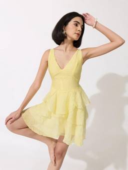 SHOWOFFFF - Edition Womens Yellow Shoulder Strap Mini Dress With Ruffle Detail