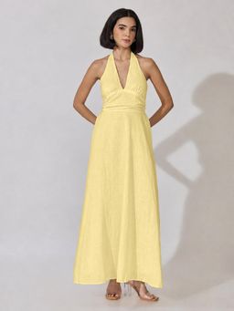 SHOWOFFFF - Womens Yellow Sleeveless Maxi Dress With Tie-Up Neck