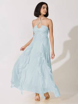 SHOWOFFFF - Womens Blue Tie-Up Neck Ruffle A-Line Maxi Dress