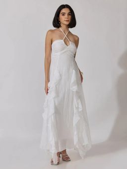 SHOWOFFFF - Edition Womens White Tie-Up Neck Ruffle A-Line Maxi Dress