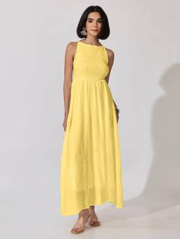 SHOWOFFFF - Womens Yellow Smocked Maxi Dress With Adjustable Shoulder Straps