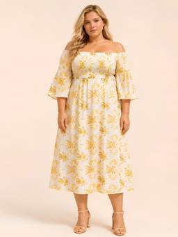 CURVY STREET - Off Shoulder Yellow Midi Dress