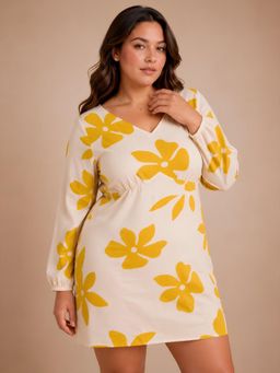 CURVY STREET - Floral Print Yellow Mini Dress