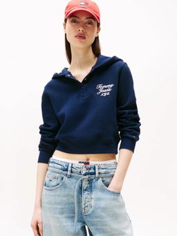Tommy Hilfiger - Regular Fit Cotton Hooded Neck teal Crop Sweatshirt