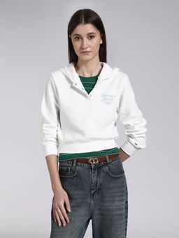 Tommy Hilfiger - Regular Fit Cotton Hooded Neck White Crop Sweatshirt