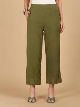 De Moza - Women Woven Rayon Regular Fit Green Pant