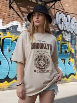 PRONK - Brooklyn Compass Women Graphic Oversized Beige T-Shirt