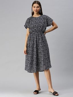 SHOWOFF - Women Navy Blue Printed Round Neck A-Line Dress