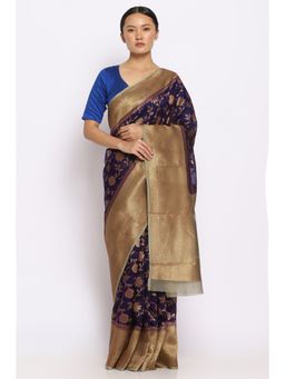 Via East - Navy Blue Kora Silk Banarasi Saree with Unstitched Blouse