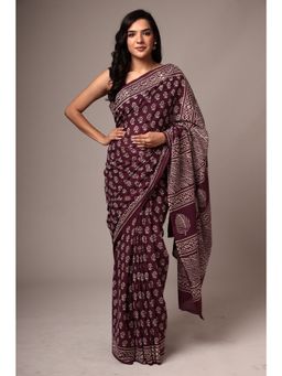 Zari Jaipur - Cotton Purple Saree with Unstitched Blouse Printed Work