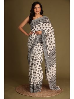 Zari Jaipur - Cotton White Saree with Unstitched Blouse Printed Work