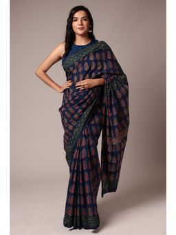 Zari Jaipur - Cotton Dark Blue Saree with Unstitched Blouse Printed Work