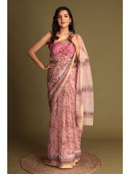 Zari Jaipur - Kota Doria Peach Saree with Unstitched Blouse Printed Work